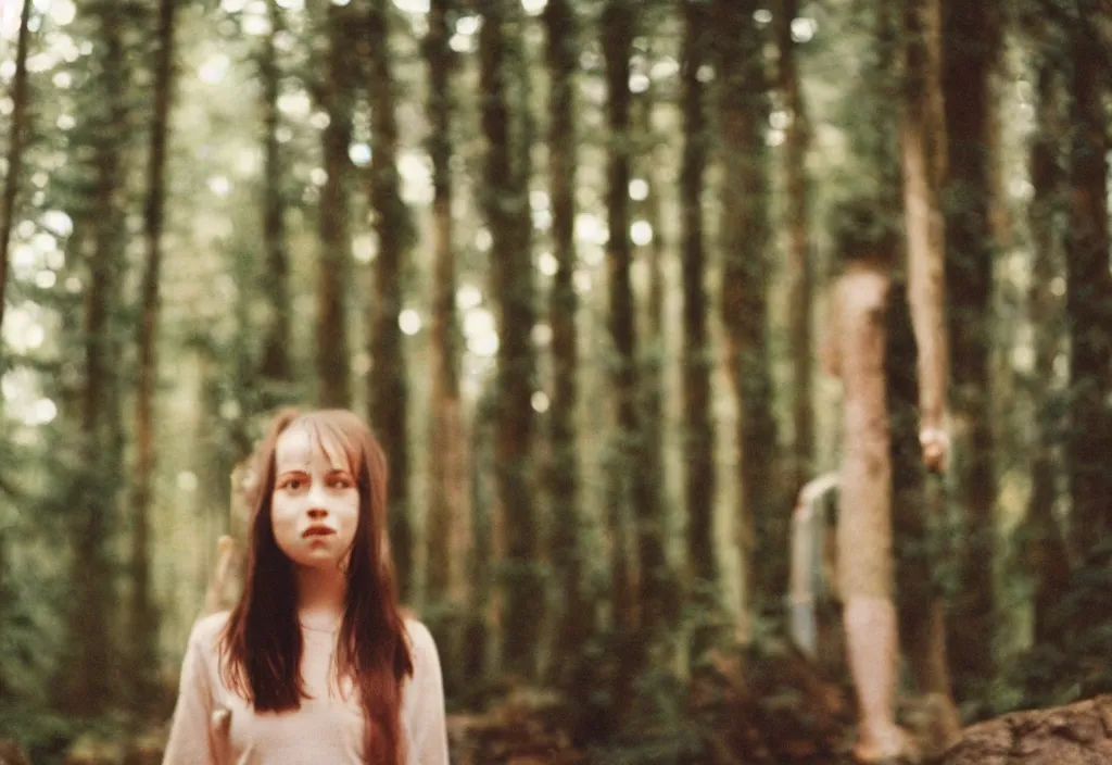 Image similar to lomo photo of a brunette girl standing i front of a modern forest cabin, cinestill, bokeh, out of focus