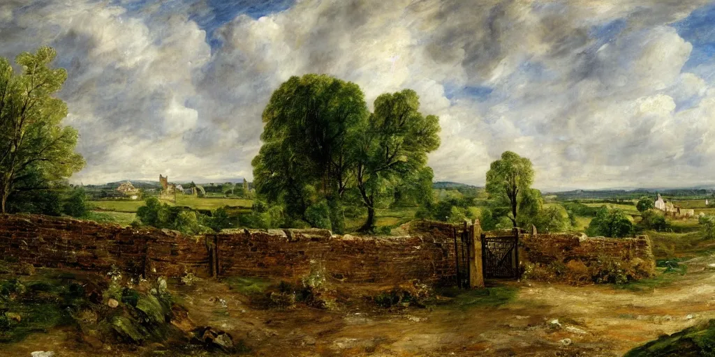 Image similar to a beautiful landscape painting of a quaint english countryside with a stone wall and gate, by john constable, oil on canvas, highly detailed, hd, 4 k