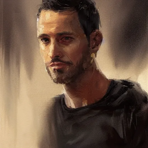 Prompt: portrait of a man by greg rutkowski, he is! about 3 0 years old, short black hair with bangs, his features are a mix between french, turkish and russian and he is wearing a beige and black utility jumpsuit, highly detailed portrait, digital painting, artstation, concept art, smooth, sharp foccus ilustration, artstation hq