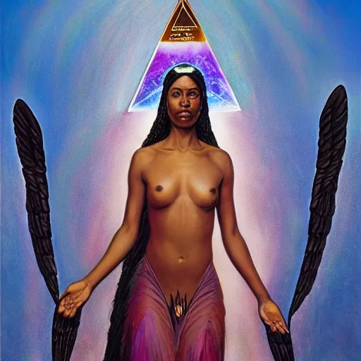 Prompt: isis depicted as a black woman with large iridescent wings in front of a crystal pyramid by Aliza Razell, greg rutkowski, and thomas blackshear, oil on canvas