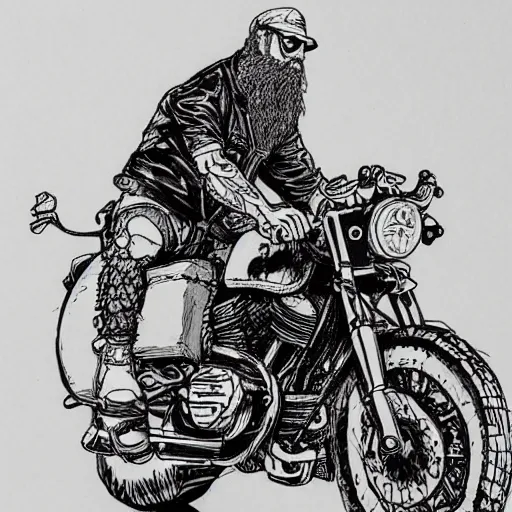 Image similar to bearded biker, intricate ink drawing, highly detailed in the style of Ashley wood