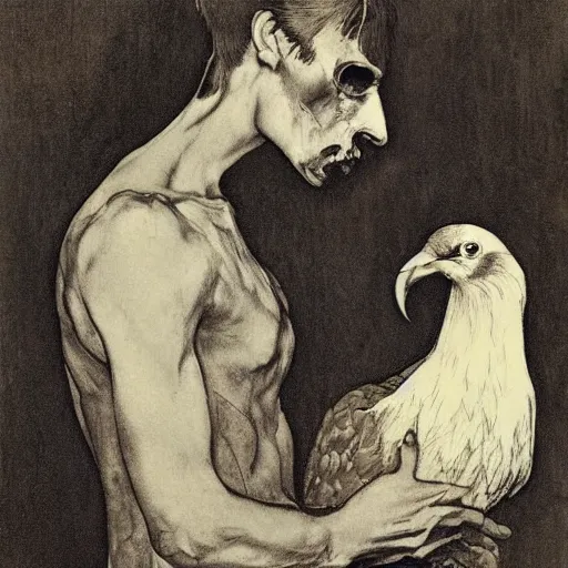 Prompt: A beautiful experimental art of a man, with an animal skull for a head, and a large bird perched on his shoulder. The man is looking up at the bird with a fierce expression, and the bird is looking back at him with what seems to be an equally intense gaze. by Jessie Willcox Smith, by Edward Weston atmospheric