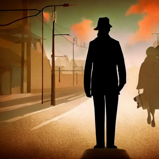 Image similar to Colored concept art, cinematic, Great Depression streets, silhouette people