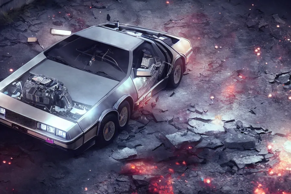 Image similar to ultra realistic delorean dmc 5 drifting on broken highway wreckage floating in space, dark cinematic, volumetric, realistic, 3 d render, realistic render, cinematic lighting, volumetric lighting, atmospheric, cinematic, unreal engine 5, unreal engine render, octane render, hd, photorealism, hyper realistic, 8 k