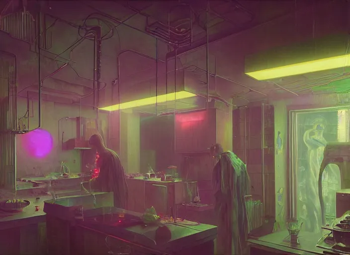 Image similar to A kitchen, neon, RGB, glowing wires everywhere, by Edgar Maxence and Ross Tran, Zdzisław Beksiński, and Michael Whelan, distant, gustav dore, H.R. Giger, 8k, octane render