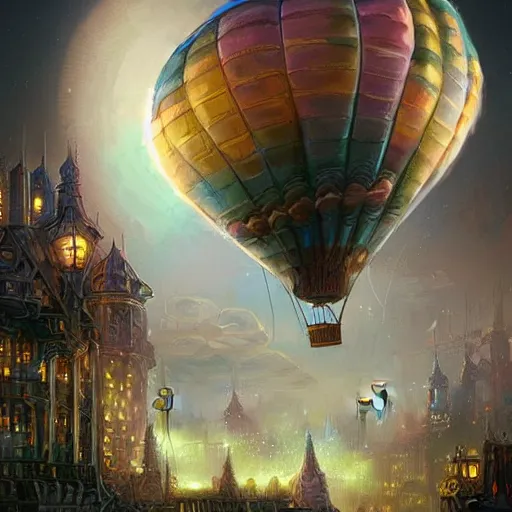 Prompt: a beautiful stunning fantasy whimsical matte digital illustration of a hot - air balloon powered by magic over a lit city at night by marc simonetti, pastel color palette, disney magic the gathering steampunk, chiaroscuro magical bokeh moon stars, trending on artstation hq, masterpiece