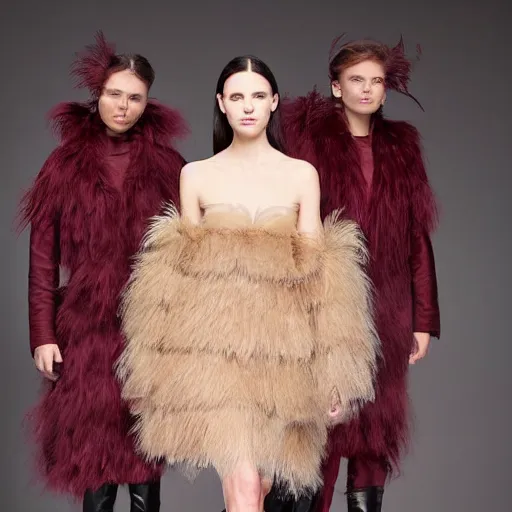 Image similar to a light feminine dress made of feathers and burgundy fur, fashion design