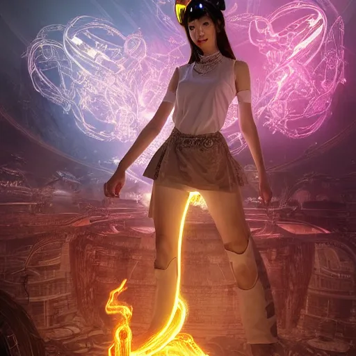 Image similar to a girl like yoona, in a glowing skirt, wearing cybernetic bunny ears, casting fire spell in shape of a snake, in the middle of round ruins, background cyberpunk spaceship, full shot, photo, geometries, Fibonacci, volumetric lighting, epic composition, intricate details, dark neon punk, by denis villeneuve , Greg Rutkowski and Alphonse Mucha