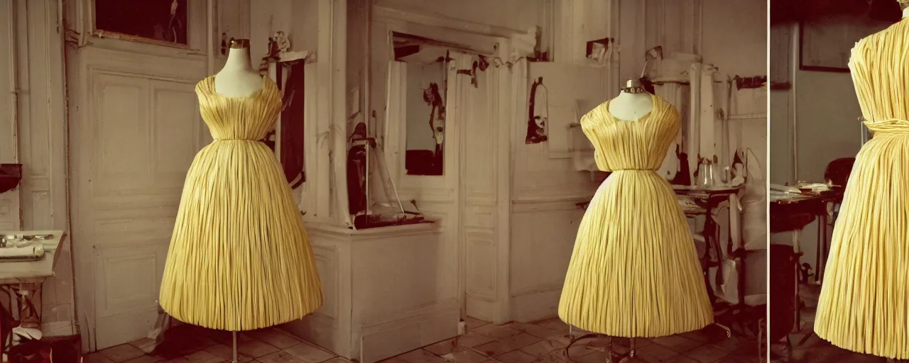 Prompt: a 1 9 5 0 s christian dior dress made of spaghetti, canon 2 0 mm, kodachrome, in the style of wes anderson, retro