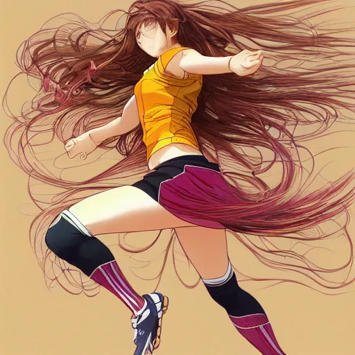 Prompt: a girl is running, sport clothing, anime style, long hair, hair down, symmetrical facial features, from yowamushi pedal, highly detailed, rule of thirds, extreme detail, detailed drawing, trending artstation, realistic lighting, by alphonse mucha, greg rutkowski, sharp focus, backlit, high budget show, realistic anatomy