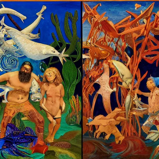 Image similar to precise by william henry hunt, by faith ringgold. a computer art of a mythological scene. large, bearded man seated on a throne, surrounded by sea creatures. he has a trident in one hand & a shield in the other. behind him is a large fish. in front of him are two smaller creatures.