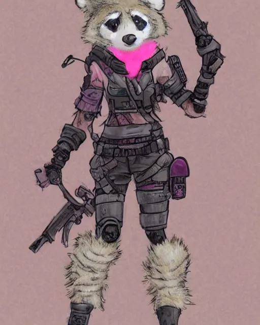 Prompt: a good ol'pink panda girl fursona ( from the furry fandom ), heavily armed and armored facing down armageddon in a dark and gritty version from the makers of mad max : fury road. witness me.