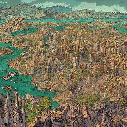 Image similar to a birds eye view overlooking a cell shaded cartoon a walled off ancient fantasy city surrounded by mountains and trees of greens and browns, rivers and lakes, the city is being besieged by monsters, concept art by josan gonzales and wlop, Laurie Greasley and james jean, highly detailed, sharp focus, Trending on Artstation, HQ, deviantart, art by artgem