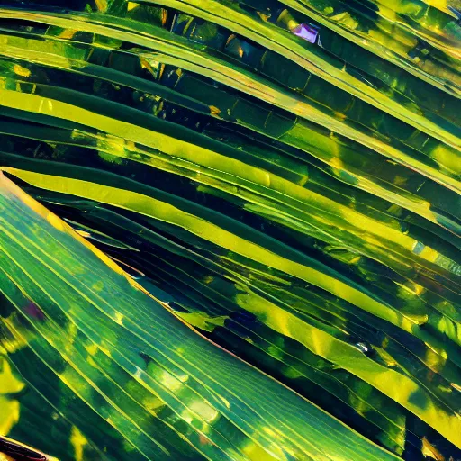 Image similar to an ultra high definition professional studio quality photograph of a transparent iridescent perspex pastel coloured jungle leaves on a plant in an empty white room. dramatic lighting, ray tracing, refraction, shallow d. o. f, colour corrected, golden ratio, three point light. volumetric shadows. god rays.