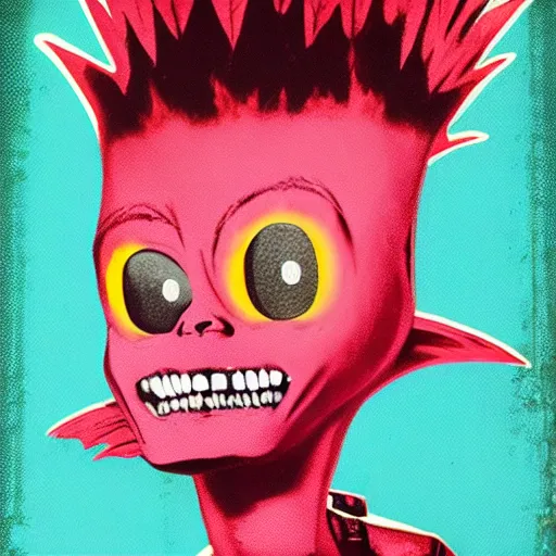 Prompt: a red punk rock rapper alien with black spiked hair, an airbrush painting by Jamie Hewlett, black background, cgsociety, symbolism, antichrist, aesthetic, 8k