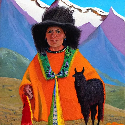 Prompt: portrait of a south American woman wearing a poncho and holding a llama on top of a mountain on the andes, oil painting, soft colors