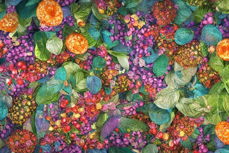 Image similar to super detailed color art, a lot of small berries, A multiverse of berries and flowers, unreal engine, wes anderson color palette, 3d render, colorful, digital art