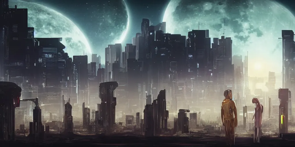 Image similar to a cinematic composition depicting : a translucid crystal - being viewing how a high tech solarpunk tribe with their technology is encroaching on a distant cyberpunk world with white clad buildings at full moon light