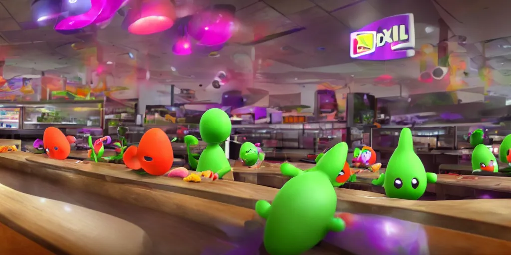 Image similar to pikmin inside of taco bell, realistic, found footage