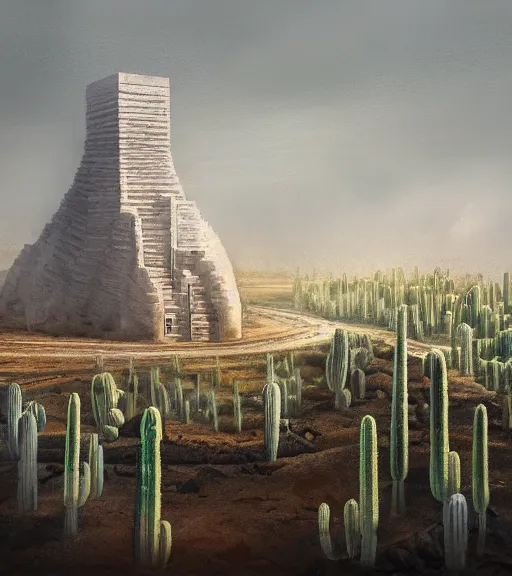 Image similar to real theory of a white stepped high tech architecture, ancient epic tower of babylon in the mining tailings in the desert, biroremediation plant, foggy, patchy cactus, oil painting, pale colors, high detail, 8 k, wide angle, trending on artstation, behance