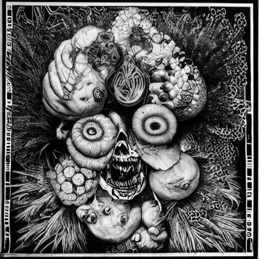 Prompt: punk album cover, psychedelic, black and white, giuseppe arcimboldo