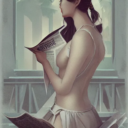 Image similar to seductive goddes reading newspaper in modern city in the style of Durand and greg rutkowski, beautiful, geometric, trending on artstation, cinematic