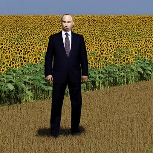 Image similar to Putin standing among a burning field of sunflowers,