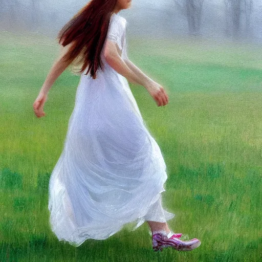 Image similar to an impressionist oil painting of girl with long hair in a white long dress running on the field in a foggy weather