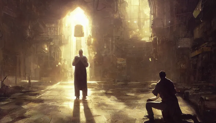 Image similar to craig mullins a man in robes kneels and prays, the sun's holy light shines down upon him, colorful, solarpunk, cyberpunk, unreal engine, hyper realism, realistic shading, cinematic composition, realistic render, octane render, detailed textures, photorealistic, wide shot