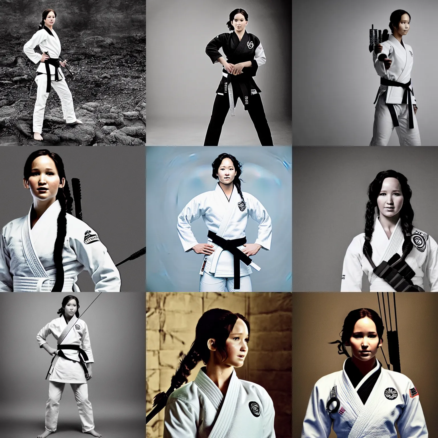 Prompt: Katniss Everdeen as judo black belt wearing a white gi, standing in a dojo, candid portrait photography by Annie Leibovitz