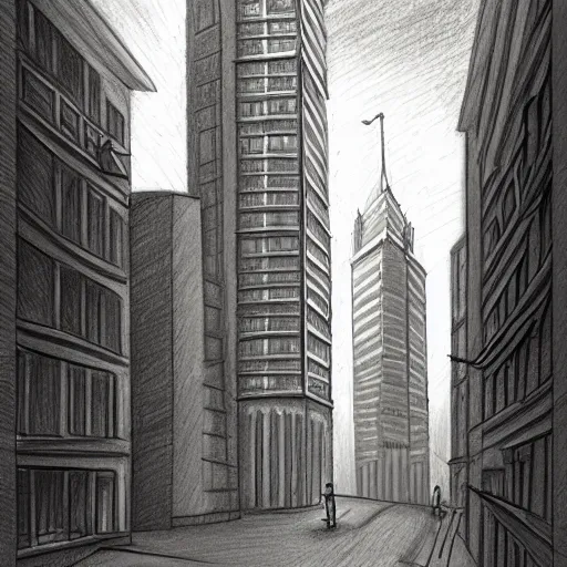 Prompt: a drawing of a city street with a tall building, a storybook illustration by carles delclaux is, behance contest winner, new objectivity, streetscape, storybook illustration, matte drawing