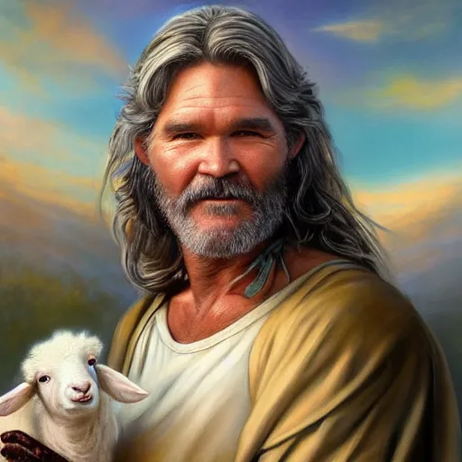 Image similar to a detailed fantasy character painting of Kurt Russell holding a lamb, dressed like Jesus Christ, by lauri blank, artgerm, evelyn de morgan, 8K, 50mm lens