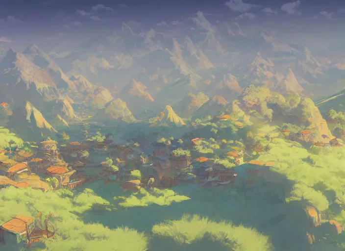 Prompt: concept art painting of a distant village in a valley seen from above, early morning, cel shaded, by makoto shinkai and moebius and anton fadeev and james gurney