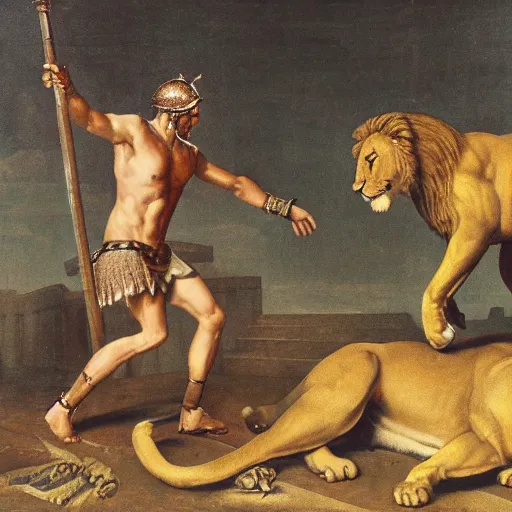 Prompt: a victorious roman gladiator in the arena one feet on top of a defeated lion