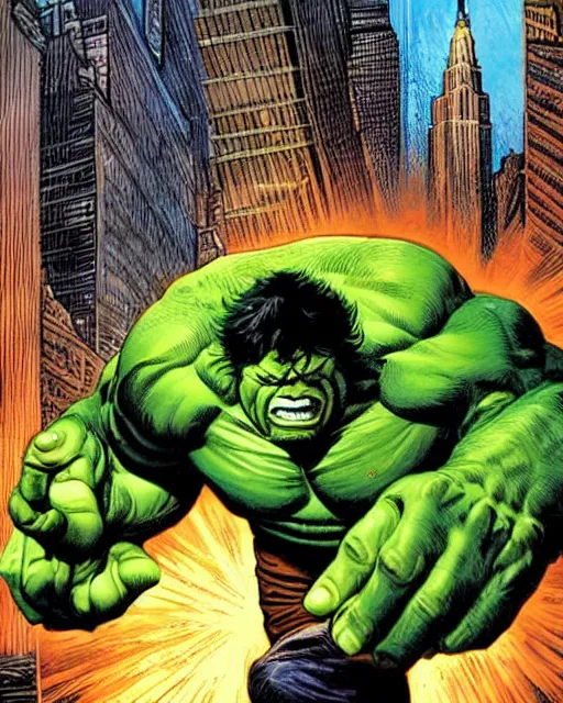 Image similar to a low angle perspective of the incredible hulk on a rampage in new york city by joe jusko. dramatic lighting. action and destruction.