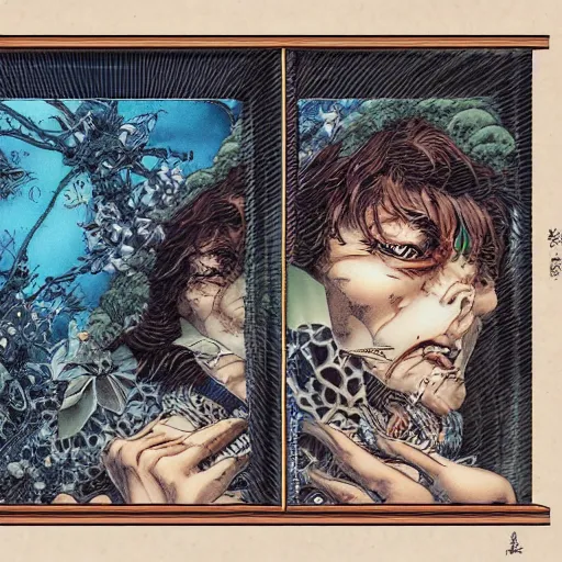 Image similar to face liking another face, inside a frame on a tiled wall, frontal picture, by yoichi hatakenaka, masamune shirow, josan gonzales and dan mumford, ayami kojima, takato yamamoto, karol bak