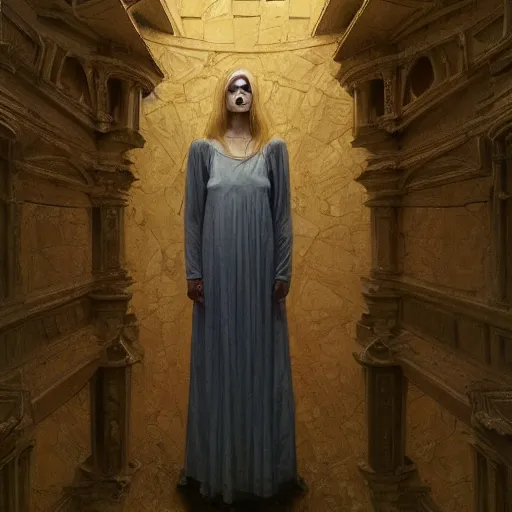 Image similar to vladimir putin maid dress, horror, macabre art mausoleum, stuning 3 d render, masterpiece, dark, by donato giancola and greg rutkowski and wayne barlow and zdzisław beksinski, realistic face