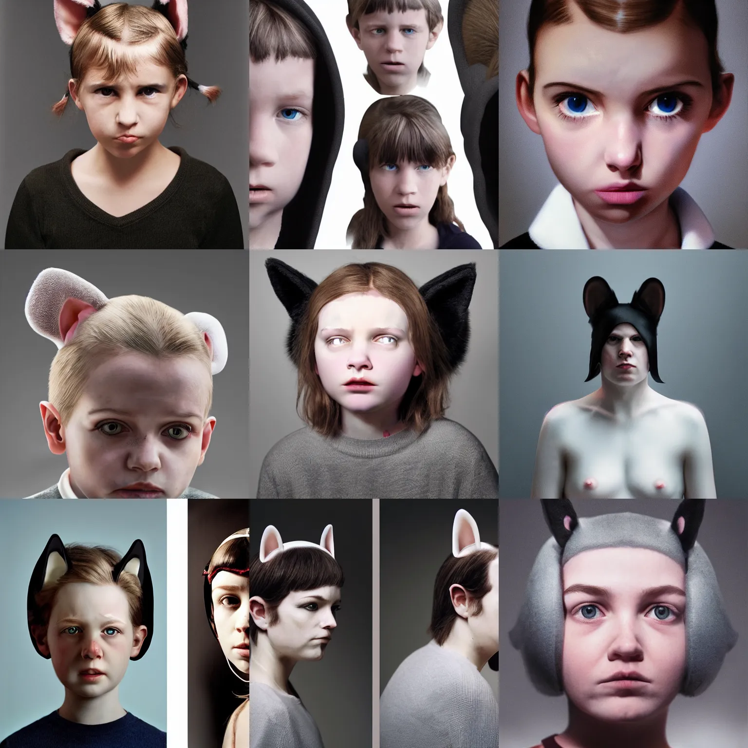 Prompt: human characters with animal ears, 4k, sharp focus, photorealistic, Gottfried Helnwein