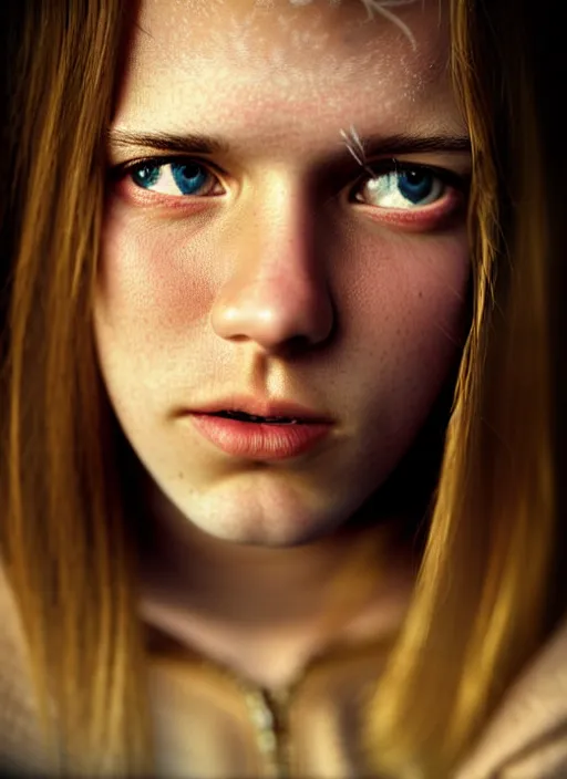 Image similar to Kodak Portra 400, 8K, highly detailed, britt marling style 3/4 dramatic photographic Close-up face of a extremely beautiful girl with clear eyes and brown hair , high light on the left, illuminated by a dramatic light, Low key lighting, light dark, Steve Mccurry, Lee Jeffries , Norman Rockwell, Craig Mulins ,dark background, high quality, photo-realistic.
