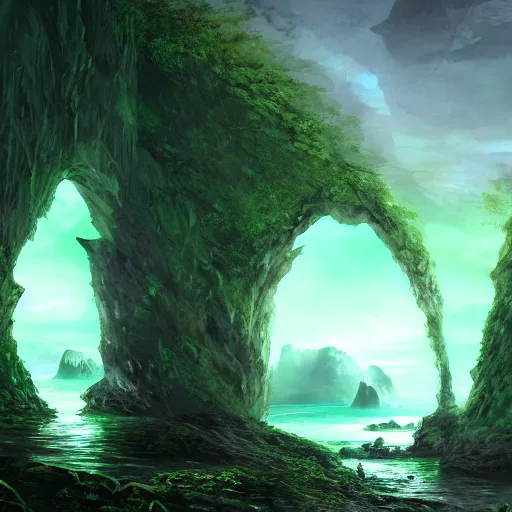 Image similar to a scary glowing green magical portal to another world in darwin's arch, ocean and rock landscape, d & d, fantasy, intricate, elegant, highly detailed, digital painting, artstation, concept art, matte, sharp focus, illustration, art by hayao miyazaki and hideo kojima