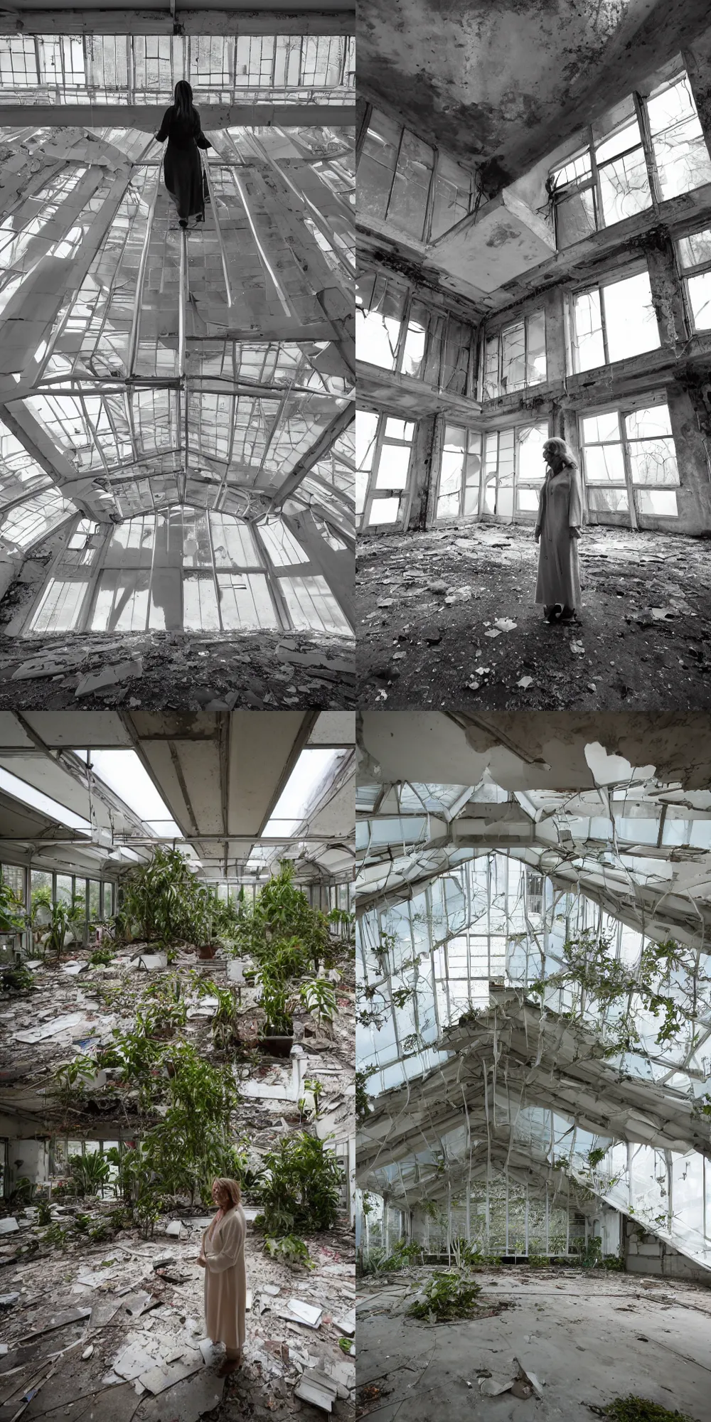Prompt: Wide angle full shot of a white woman standing still in a large abandoned and empty room. She\'s seen from a profile view. Sunlight shining on her from glass ceiling that looks like an old greenhouse. She\'s looking up towards the ceiling. Plants have been growing in the room, but it\'s mainly concrete and metal beams. The room is dark except for where the woman is standing. Kodak portra 400