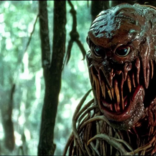 Image similar to tom hanks in the move forest gump replaced by a monster from the movie predator, still movie shot
