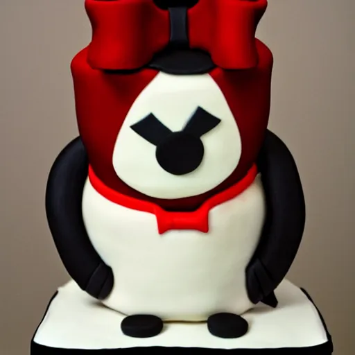 Image similar to anthropomorphic cake wearing a tuxedo, holding his hand out, facing viewer