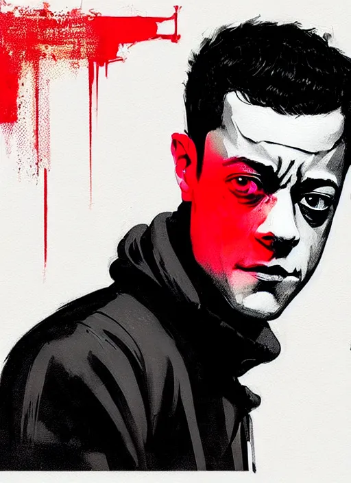 Prompt: highly detailed closeup portrait of a sullen rami malek, elliot alderson, black hoody by atey ghailan, by greg rutkowski, by greg tocchini, by james gilleard, by joe fenton, by kaethe butcher, gradient red, black and white color scheme, grunge aesthetic!!! ( ( graffiti tag wall background ) )