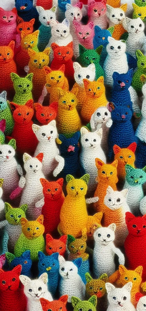 Image similar to multicolored crocheted cats, 1 9 9 0 s catalogue photo,