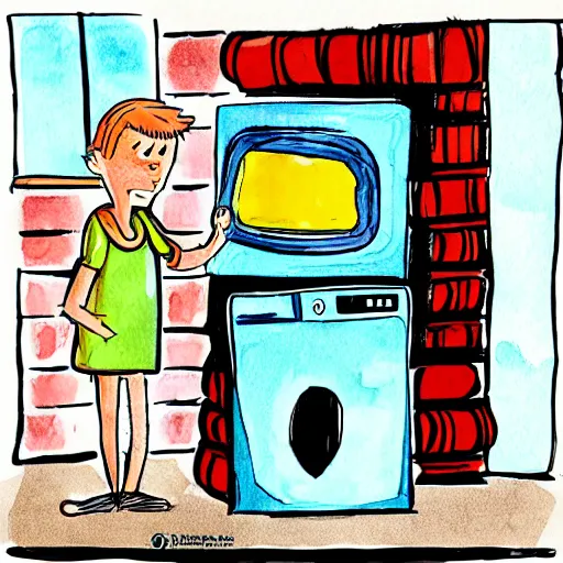 Image similar to childrens book illustration of a demon standing next to the washing machine in a basement, ink and watercolor