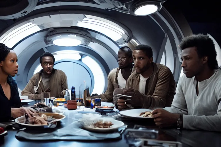 Prompt: movie closeup diverse interracial small team of American sci-fi futuristic space explorers talking at the table in a spaceship kitchen, beautiful skin, Symmetrical faces. Beautiful lighting by Emmanuel Lubezki