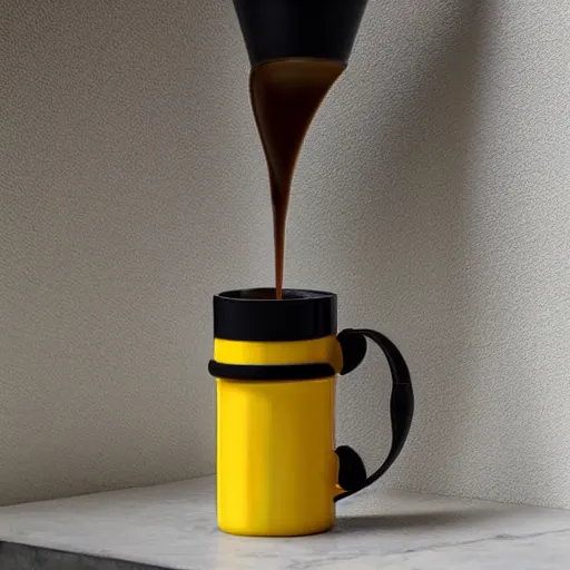 Image similar to yellow coffee mug that looks like a rimowa portmanteau, steaming coffee