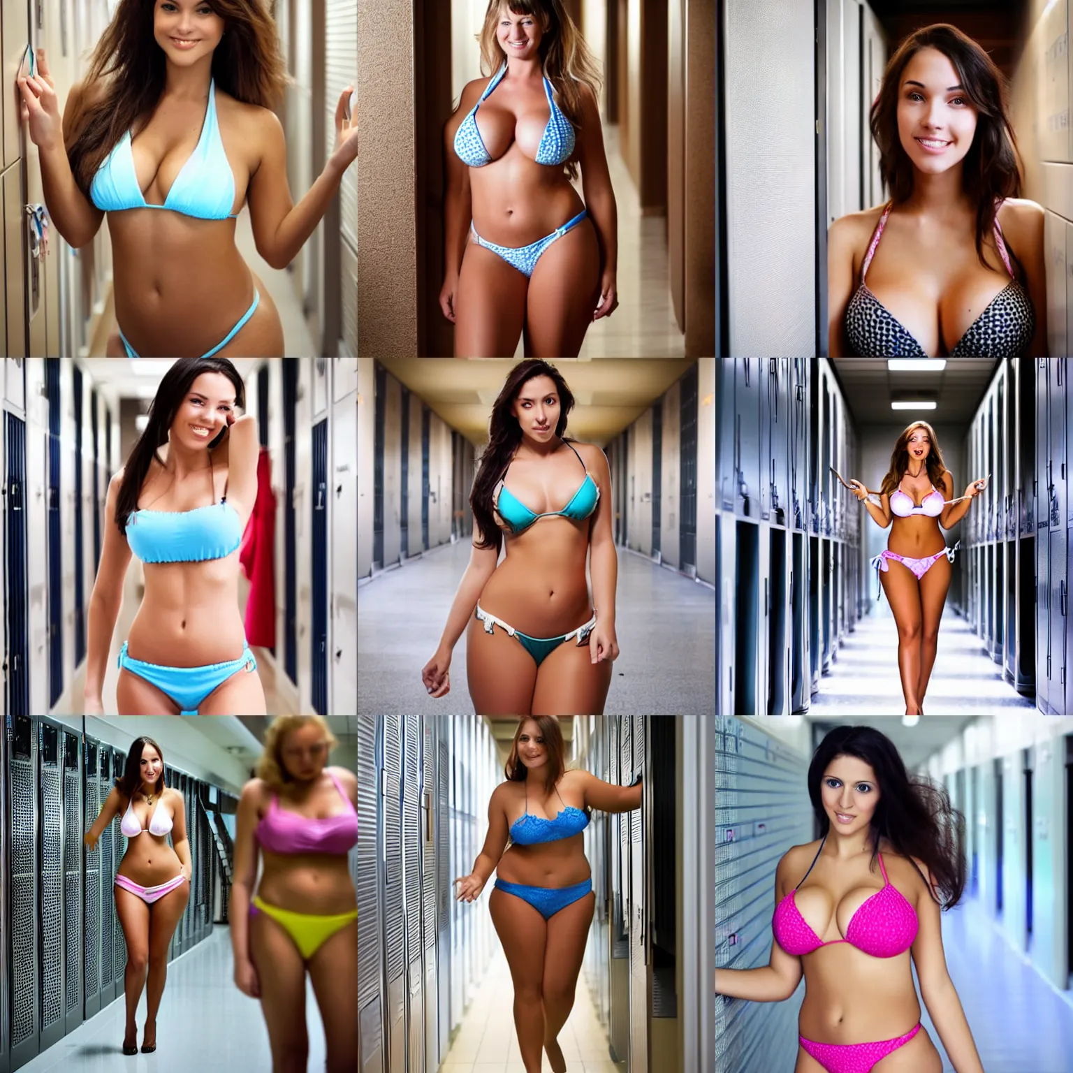 Prompt: a beautiful woman in bikini with big breasts in the hallway of a school, lockers
