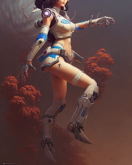 Image similar to d. va from overwatch, character portrait, concept art, intricate details, highly detailed by greg rutkowski, michael whelan and gustave dore